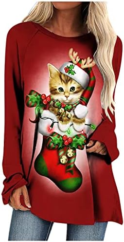 צמרות טוניקה לנשים חג המולד חתול חמוד גרפי מזדמן שרוול רופף רופף ארוך סווטשירט סווטשירט חג המולד טריקו