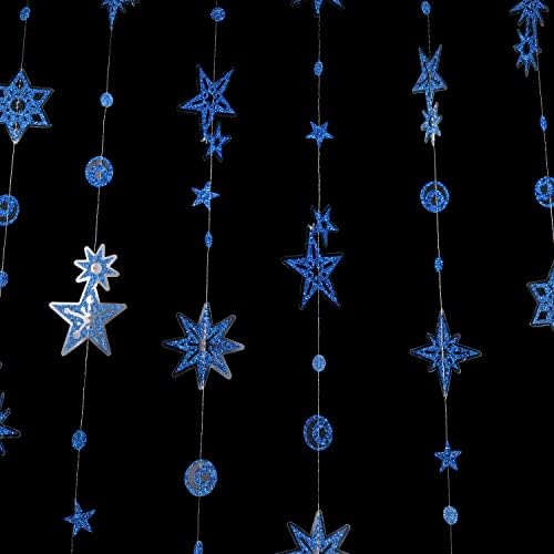 6 מיתרים נצנצים כוכב כחול גרלנד לקישוטים למסיבות כחולות באנר כוכבים תפאורה כוכב ירח ירח תלויה קישוט יום הולדת לשנה החדשה רמדאן חתונה זרם ציוד מסיבות