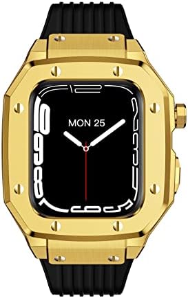 XNWKF לפס שעון Apple Series 7 מארז שעון סגסוגת גבר 44 ממ 42 ממ 45 ממ מתכת יוקרתית גומי נירוסטה אביזרי שעון עבור IWatch Series 7 6 5 4 SE כיסוי (צבע: 10 ממ אבזם זהב, גודל: 44 ממ