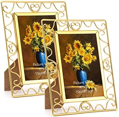 Eympeu 4x6 מסגרת תמונה מתכת זהב פרח ספירלה 4 על 6 מסגרות צילום לשולחן או קיר, סט של 2