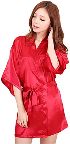 Andongnywell צבע אחיד של נשים סאטן חלוק רוטב שמלת קימונו ללבוש שינה עם כיסים משיכת