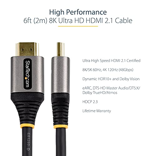 Startech.com 6ft HDMI 2.1 כבל 8K - אישור אולטרה במהירות גבוהה HDMI כבל 48 ג'יגה -ביט לשנייה - 8K 60Hz/4K 120Hz HDR10+ EARC - Ultra HD 8K HDMI כבל - צג/טלוויזיה/תצוגה - ז'קט TPE גמיש