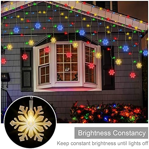WEILLSNOW 360 LED ICICLE אורות חג מולד עם פתית שלג, 29.5ft 72 טיפות חיבור 8 מצבים אורות קרח עמיד למים חיצוניים לווילון, מרזבים, חלון, קישוטים לחג המולד