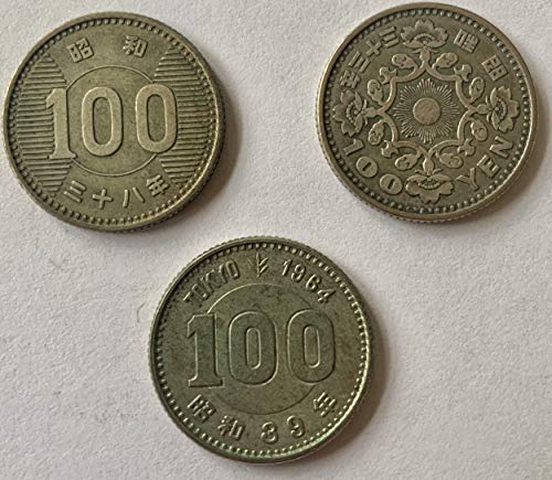 1957 - 1966 3 מטבע כסף מגרש מטבע הכסף האחרון המסתובב ביפן. 100 ין יפני גבעול אורז, 1964 סטיית מטבע אולימפיאדה ופניקס. 100 ין שדורג על ידי מצבו שהופץ מוכר.