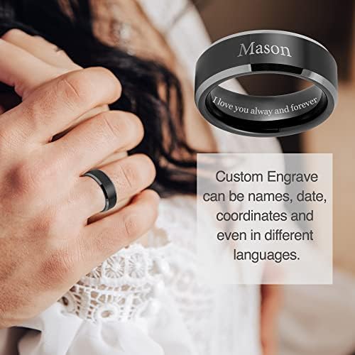 טבעת הבטחת טונגסטן שחור 8 ממ לרצפי לגברים-חריטה אישית ועיצוב קצה משופע