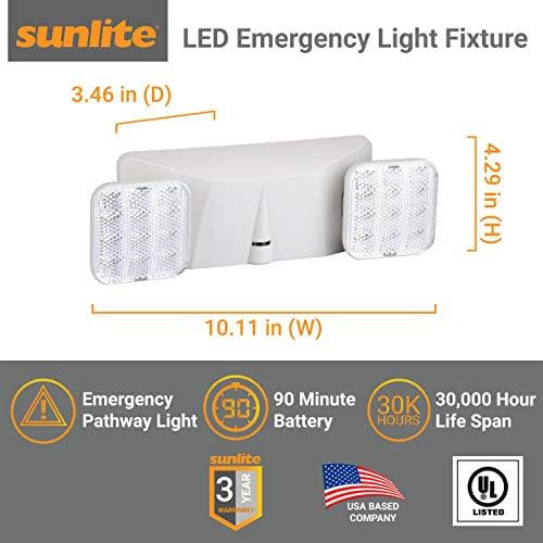 Sunlite 05268-Su LED מתקן תאורת חירום, 2.4 וואט, 120-277 וולט, ראשים כפולים, גיבוי סוללה של 90 דקות, הר קיר או תקרה, IP20, UL רשום, לבן