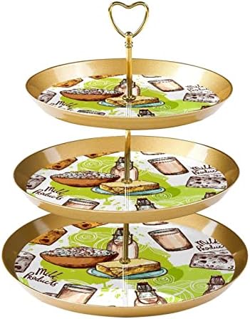 עמדת עוגה עם מגש הגשת מוזהב, 3 דוכן תצוגת מאפה עגול עגול עגול, גבינה וחלב מגדל עץ עוגות עוגות.