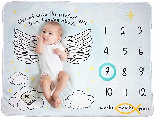 Qoochulu Christian Angel Wings Baby, Unisex, שמיכת אבן דרך חודשית למקלחת לתינוקות, אבזרי צילום צמיחה של פלייס קטיפה רכה במיוחד, תרשים צמיחה, Swaddle, סמנים כללו 51 x 40