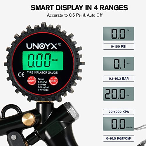 UNOYX מד לחץ דיגיטלי מד, נפרת צמיגים של 150PSI עם מד לחץ, צ'אק אוויר כבד עם מד לאופני רכב רכב משאית רכב ודיוק אופנוע