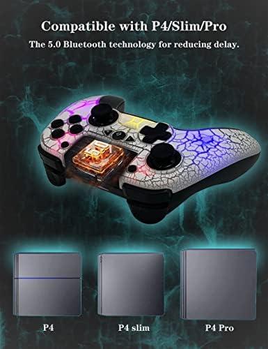 בקר אלחוטי TJPD עבור PS4, Gamepad מרחוק אלחוטי עם עיצוב סדוק ייחודי/8 צבעי LED מתכווננים/לחצני אחורי לתכנות/סופר טורבו/רטט כפול, התואם באופן נרחב ל- PS4/PC/IOS