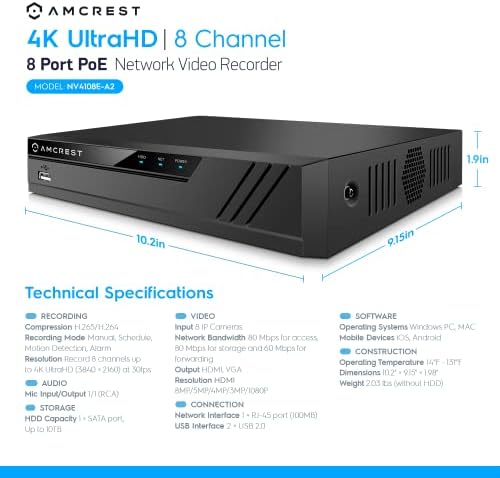 מערכת מצלמות אבטחה של AMCREST 4K 8CH W/ 4K NVR, x 4K IP67 מצלמות IP של כיפת מתכת אטומה למזג אוויר, כונן קשיח 2TB המותקן מראש, NV4108E-HS-IP8M-2493EW4-2TB