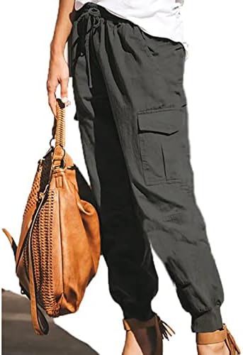 מכנסי מטען מותניים עם שרוך רופף מזדמן נשים בתוספת גודל צבע אחיד מכנסיים כיסים מרובים אופנה בגדי רחוב אפור