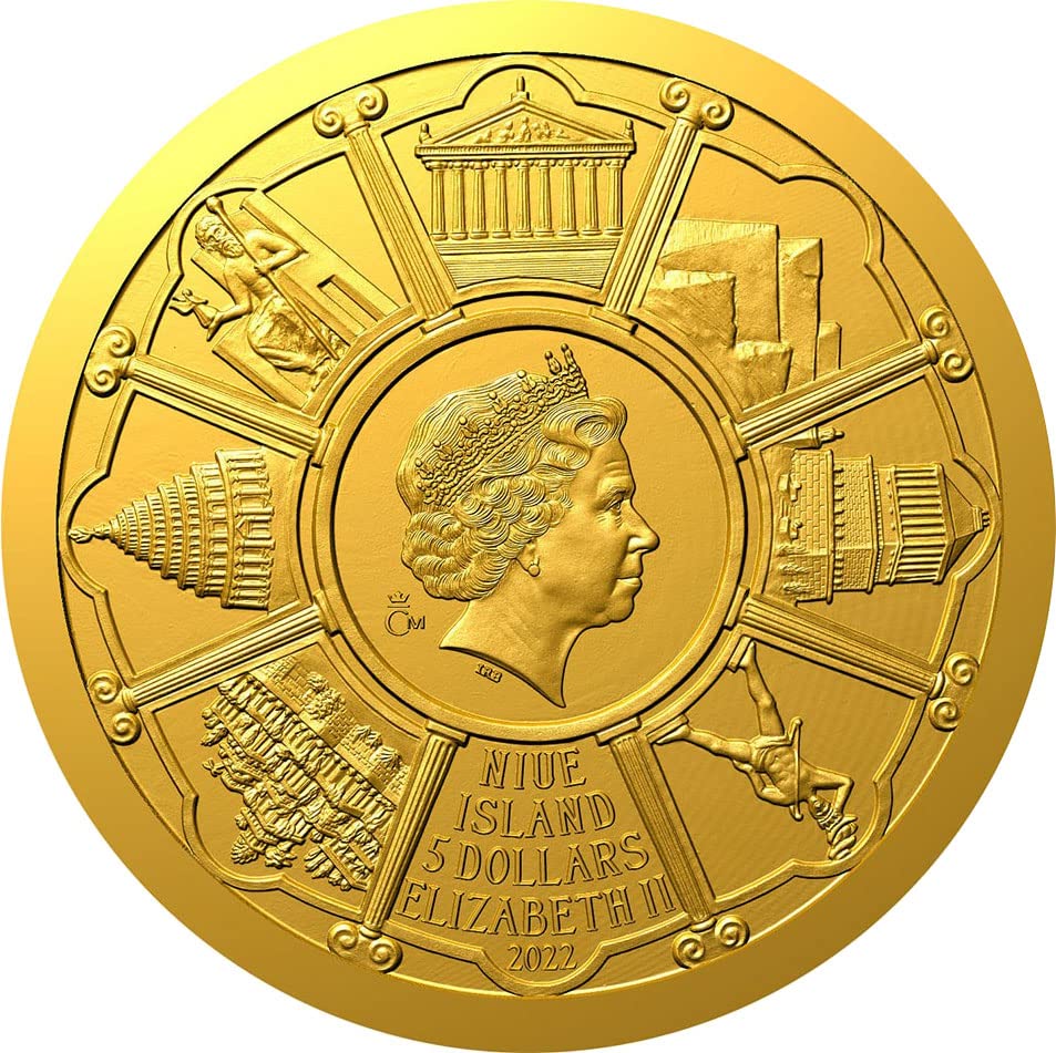 2022 de Seven Floners Mausoleum powercoin בהליקרנאסוס של העולם העתיק 1/10 עוז מטבע זהב 5 $ niue 2022 הוכחה