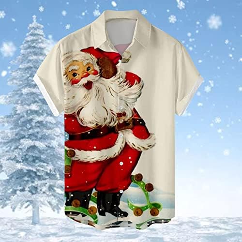Xxbr חולצות שרוול קצר לחג המולד לגברים, חג המולד סנטה קלאוס כפתור הדפסה מטה צווארון צווארון מטה חולצת מסיבה ביתית כיס תיקון קדמי קדמי בכיס חזה מתכוונן רוכסן מעלה