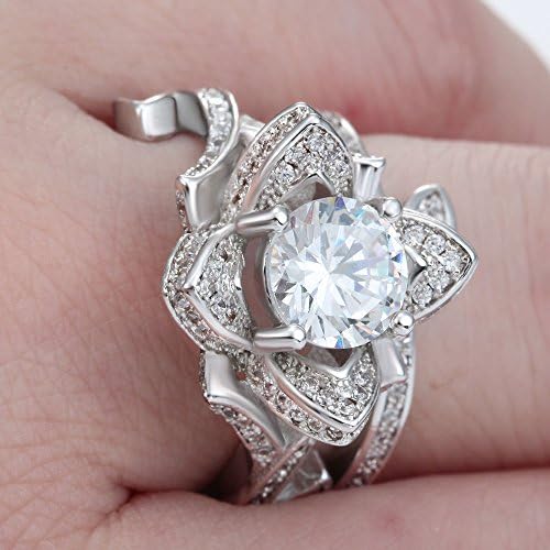 תכסיס פיילין אופנה נשים 925 כסף, זהב לוטוס פרח לבן טופז טבעת סט תכשיטי חתונה