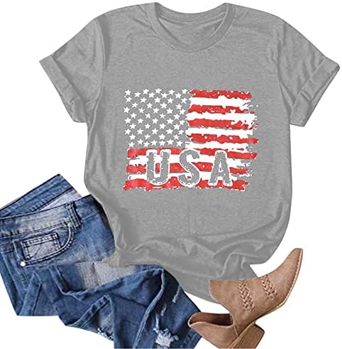 חולצות פטריוטיות של ארהב טי לנשים חולצת דגל אמריקאית חולצה 4 ביולי מתנה ליום העצמאות לנשים צמרות שרוול קצר