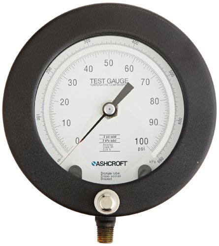 Ashcroft סוג 1082 מדק קדמי מוצק אלומיניום מדק, צינור ושקע של מונל בורדון, גודל חיוג 4-1/2 , 1/4 NPT חיבור נמוך יותר, 0/5000 טווח לחץ PSI