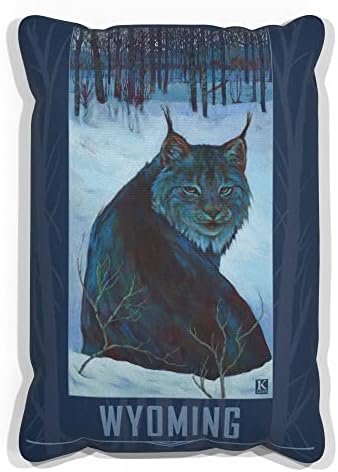 ויומינג לינקס בבד שלג זורק כרית לספה או ספה בבית ומשרד מציור שמן מאת האמן קארי לר 13 x 19.