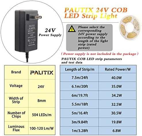 Pautix Cob Led Strip Light 20ft/6.1m 3087Lים לבן חם 2700K CRI90+ Lume High Super Bright, ללא עופרת, קלטת LED DC24V גמישה