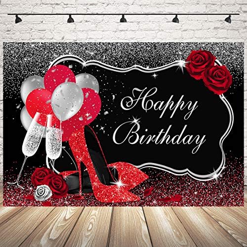 מוצ ' יקה גליטר אדום עקבים גבוהים יום הולדת שמח רקע שחור כסף שמפניה בלוני מסיבת יום הולדת עוגת שולחן תפאורות תמונה מתוק 16 ה 21 ה 30 ה 40 יום הולדת צילום רקע