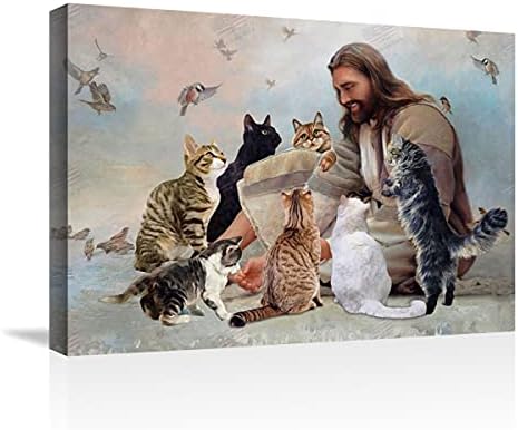 ישו הנוצרי אלוהים מוקף חתולים מלאכים לאנשים אוהבים חתול בד אמנות קיר תפאורה מסגרת-נוף קיר אמנות בית-בית דסקור 12 איקס 8