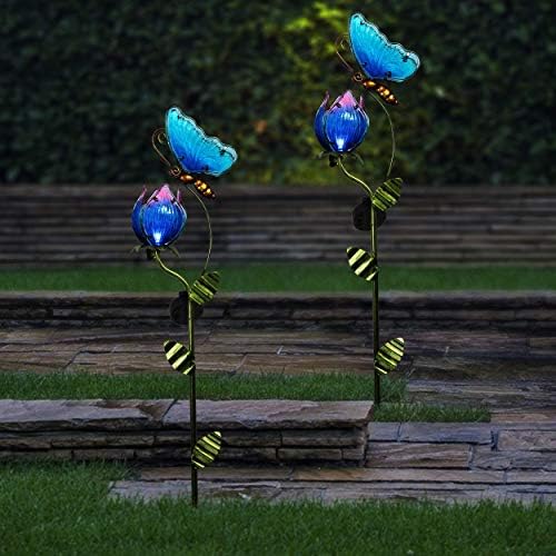 תרזה של אוספים זכוכית צבעונים גן מתכת מוקד עם אורות שמש, פרח וציפורים שמש מופעל דשא קישוטי עבור חיצוני פטיו חצר קישוטים