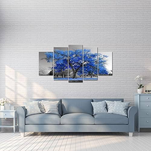 5 חתיכות מודרני גדול בד קיר אמנות כחול עץ תמונה הדפסי עלים נופלים שחור ולבן יצירות אמנות טבע נוף אמנות קיר תפאורה לסלון חדר שינה משרד ממוסגר ומתוח