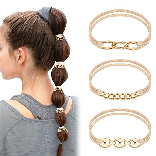 3 יחידות זהב צמיד שיער קשרי עבור נשים קוקו מחזיקי שיער קשרי שנראים כמו צמידי שיער עניבת צמיד שיער קשרי עם חרוז שיער עניבת צמידים לנשים נערות דק, עבה, מתולתל שיער