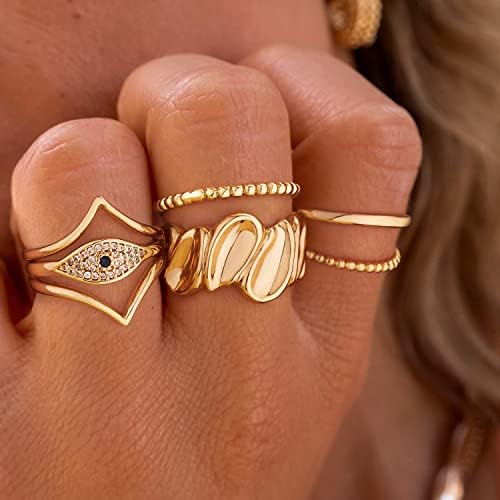 גנירצי טבעת קעורה זהב לנשים מעוותות מצופה זהב 14 קראט סטאק מינימליסטי תכשיטי אצבע להקה שמנמנה גודל 6-8