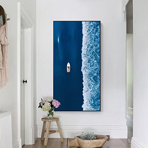 ציור שמן אנכי מצויר ביד - נוף אוקיינוס ​​כחול מופשט בגודל גדול כניסה ציור שמן שמן על בד, יצירות אמנות מודרניות לעיצוב מסדרון מרפסת סלון, לא ממוסגר, 50x100 סמ (19.6x39.3inc