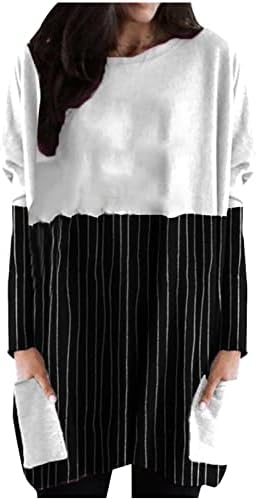 ארוך שרוול טוניקת חולצות לנשים מקרית צבע בלוק רופף בסוודרים עם כיס צווארון עגול סתיו אופנה שמלת חולצה