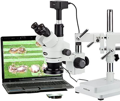 AMSCOPE SM-4TZ-144-5MT Trinocular Microscope, עיניים WF10X, הגדלה 3.5x-90X, כוח אובייקטיבי 0.7x-4.5X, עדשות ברלו של 0.5X ו- 2.0x, מקור אור LED של 144-BULB, כפול-ארמר Boom Stand, 110-240V, כולל מצלמה ותוכנה