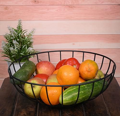 קערת פירות עגולה של אדהס ברזל עם בסיס עץ מנגו לשטח השיש למטבח וחדר אוכל ומגניסים