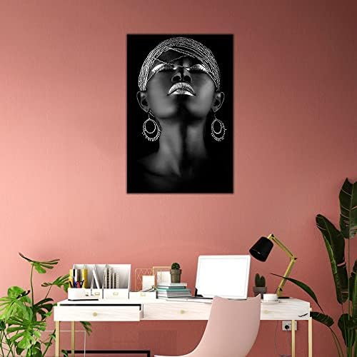 לודיר אפריקאי אמריקאי קיר אמנות-כסף שחור אישה דיוקן פוסטר, מינימליסטי בד הדפסי יצירות אמנות, שחור אמנות קיר תפאורה עבור משרד חדר שינה ממוסגר