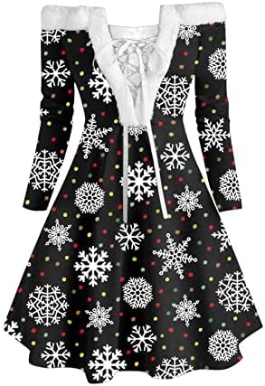 נשים המפלגה שמלה כבוי כתף ארוך שרוול 1950 בציר נדנדה שמלת חג המולד פתית שלג הדפסת פרוותי קוקטייל שמלה
