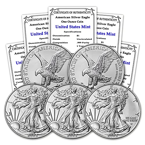 2023 מגרש של 1 גרם מטבעות נשר סילבר אמריקאי מבריק ללא מחזור עם תעודות אותנטיות 1 $ bu