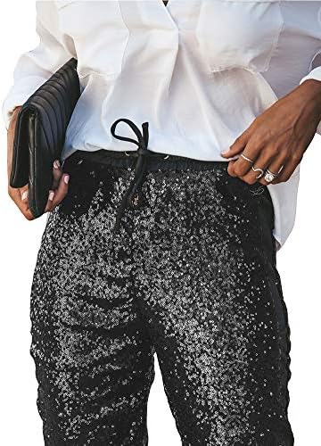 Allumk Womens שחור נצנץ בלינג בלינג מכנסי עיפרון עם משיכה עם משיכה