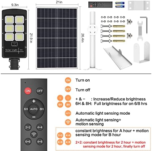 Joyeye 800W Solar Street Light Outdoor 50000 Lumens Sense Sensor Dusk to Dawn 6500K LED אורות רחוב סולארי מופעל עם שלט רחוק לחצר, גינה, חניון
