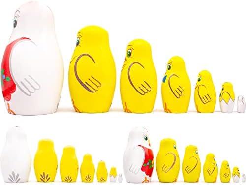 AEVVV בובות קינון עוף סט של 7 יח ' - בובה רוסית מטריושקה - עיצוב עוף - בובות קינון פסחא - צעצועי עוף לילדים - צעצוע ערימת עץ