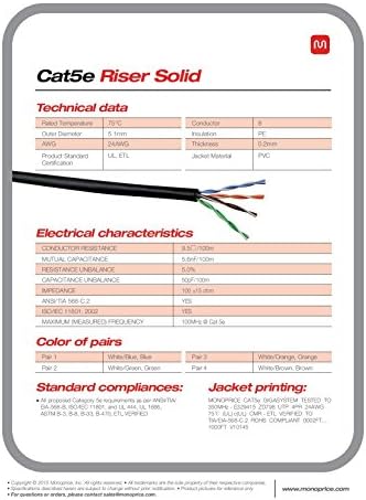 Monoprice 108598 CAT5E כבל בתפזורת Ethernet - רשת אינטרנט רשת - מוצק, 350 מגה הרץ, UTP, CMR, Riser Legation, חוט נחושת חשוף טהור, 24AWG, 1000ft, סגול