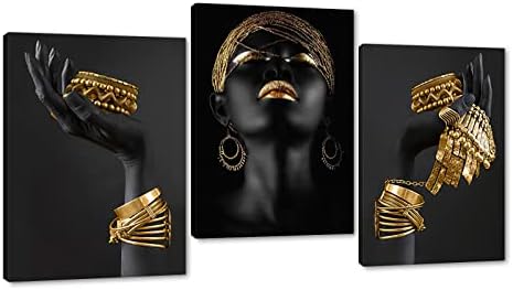 אמנות קיר אפריקאית אמריקאית - אישה אפריקאית אלגנטית קנבס צביעה אופנה תמונה תמונה נשים שחורות מחזיקות תכשיטים זהב שרשרת צמיד פוסטרים מדפיסים יצירות אמנות לבנות חדר שינה ממוסגר, 12''w x16''Hx3
