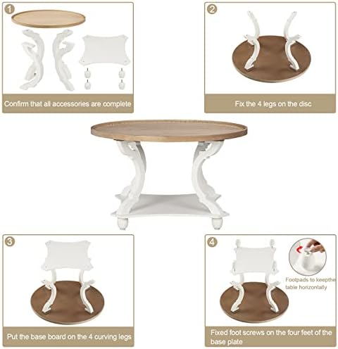 בית חווה עגול קפה שולחן, עץ מגש למעלה מעגל קפה שולחן עם אחסון מדף כפרי סגנון לסלון בציר גימור, לבן