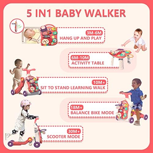 5 ב 1 הליכון עבור תינוקת, תינוק לדחוף הליכונים, להרכיב כמו קטנוע / אופנוע / פעילות מרכז / להסרה פנל, הליכה צעצועים לתינוקות 6-12 חודשים, אדום