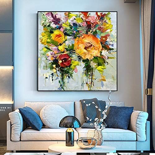 ציור שמן על בד - פרחים צבעוניים מופשטים אמנות ציור שמן מודרני על בד בגודל גדול צבוע ביד יצירות אמנות עיצוב קיר לקישוט בית, 150x150 סמ לא ממוסגר