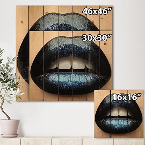 עיצוב שפתיים של אישה עם שפתון שחור וכחול עיצוב קיר עץ מודרני ועכשווי, אמנות קיר עץ כחול, אנשים גדולים לוחות קיר מעץ מודפסים על אמנות עץ אורן טבעי