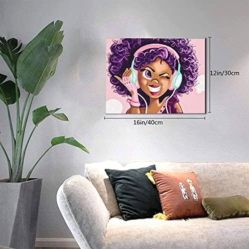 נערת אפריקה אמריקאית בד קיר אמנות שחור ילדה אהבה מוזיקה קסם שיער סגול בד אמנות פוסטר ורוד עיצוב קיר לבנות חדר חדר חדר חדר מגורים מוכנים לתלייה 12x16 אינץ '
