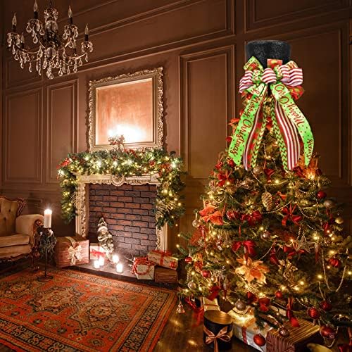 יובו שחור עץ חג המולד טופר, כובע קשת עץ נצנצים, קישוטי חג המולד אדומים וירוקים תלויים קישוטי חג המולד של קישוטי חג המולד ומתנה