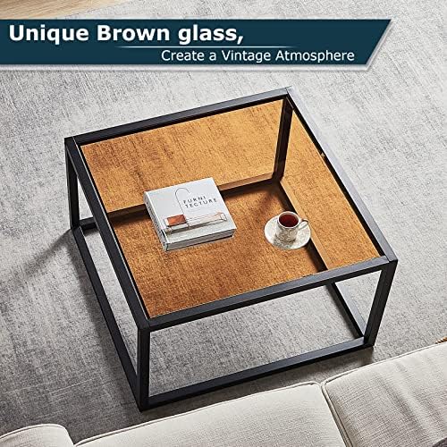 שולחן קפה זכוכית מודרני שולחנות קפה שולחן מרכז מרובע פשוט לסלון משרד ביתי זכוכית מחוסמת עם מסגרת מתכת יציבה 26.7 על 26.7 על 15.7 אינץ ' הרכבה קלה, זכוכית חומה