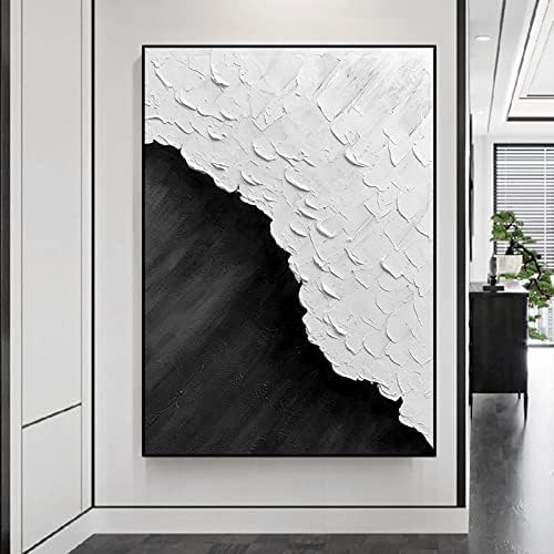 ZZCPT ART מצויר ביד מופשטת קיר אמנות שמן שמן על בד מצויד ביד בשחור לבן ציור שמן מופשט אנכי ציור ציור ציור קיר תקציר ציור קישוט סלון, 60x80 סמ