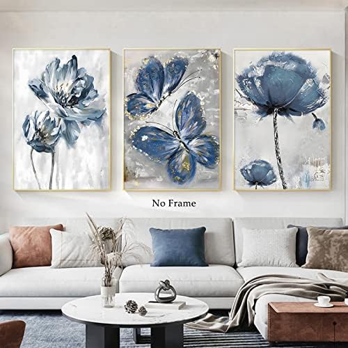 פרח כחול יצירות אמנות פרפר קיר קיר קיר תמונות כחול ואפור תקציר הדפסי אמנות פרחונית צמח כחול צמח כחול וזהב פוסטר קיר קיר קיר אלגנטי אמנות כחולה פרחים הדפסים 16x24inchx3 אין מסגרת